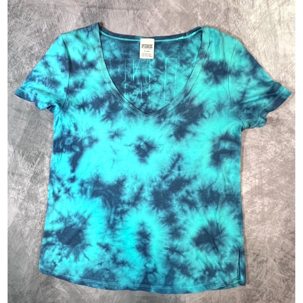 Victorias Secret PINK T Shirt Womens Medium Blue Tie Dye Cotton Plunge V-Neck